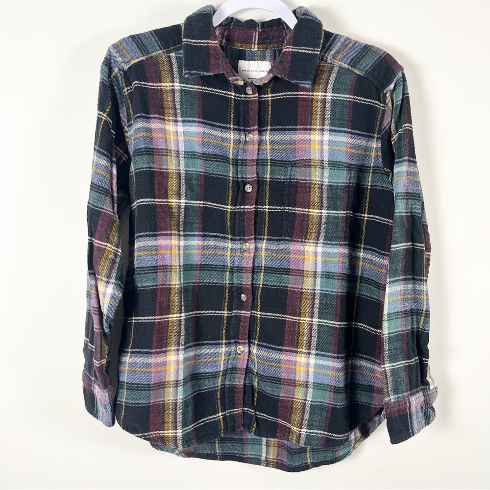 American Eagle Womens Boyfriend Fit Multicolor Plaid Shirt Flannel Size XS Fall